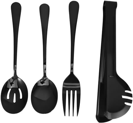 COOPHYA Juego de Utensilios de Acero Inoxidable Negro, Juego Portátil de Cucharas y Tenedores para Servir en Buffet, Reutilizable y Ligero para Uso en Fiestas y Catering Profesional