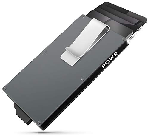 POWR Card Holder Wallet, Mens Minimalist Slim Metal RFID Blocking Contactless Protector, Money Clip