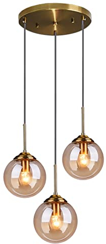 HJXDtech Suspension Luminaire Vintage Industrielles à 3 Lumières Boule en Verre, Lampe Suspendue de Plafond en Métal Laiton Lustre de Salle à Manger Cuisine Salon Chambre