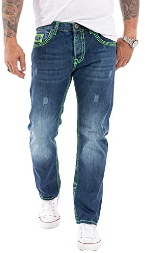 Rock Creek Herren Jeans Hose Comfort Fit Dicke Nähte Jeans Herrenjeans Herrenhose Denim Stonewashed Basic Weites Bein Raw RC-2271 Blau W42 L34
