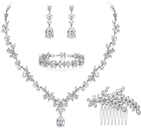 EVER FAITH Zirkon Simulierte Perle Blume Blatt Filigrane Halskette Ohrringe Armband Set Klar (Kristall mit Haarschmuck)