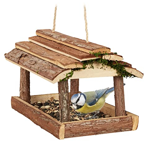 Relaxdays Vogelfutterhaus Holz, mit Rinde und Moos, zum Hängen, HBT: 19x21x23 cm, Futterspender Kleinvögel, Natur