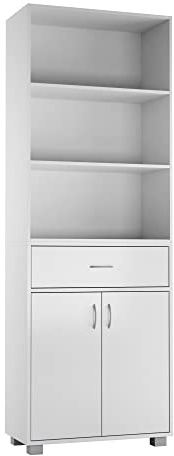 URBNLIVING 5 Tier Wooden Free Standing Tall Display Cabinet Bookcase Unit Wide Open Shelves Drawer Storage (White)