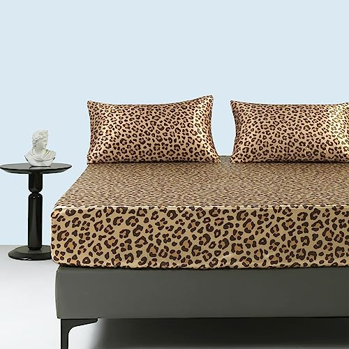 Spannbettlaken 200x200cm Satin Sommer Gold Dunkelgelb Leopardenmuster Boxspringbett Bettlaken Satin Glänzend Seide Spannbetttuch 200 x 200 Spannbetttücher Leintuch für Hohe Matratze bis 25-30 cm
