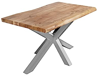 SAM Esstisch 120 x 80 cm Cali, Baumkantentisch naturfarben, Akazienholz massiv, Spider-Gestell aus Metall Silber, aufgedoppelte Kanten 25+25 mm
