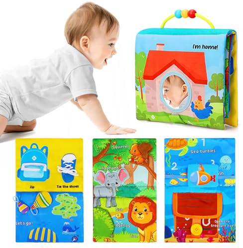 URMYWO Libri Sensoriali Neonato con Specchio,Libro di Stoffa per Neonati,Giochi Neonato 0 3 6 12 Mesi,Tummy Time, Pieghevole e Lavabile