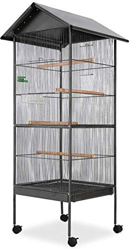 Gecheer Vogelkäfig Vogelbauer Voliere Mit Dach Vogelhaus Papageienkäfig 66x66x155 cm Mit 1 Futterschale und 1 Wasserspender,Vogelvoliere Wellensittichkäfig Mit 4 Holzstangen,Stahl