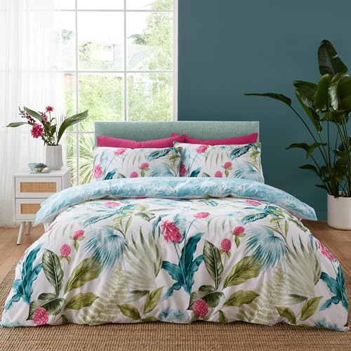 Catherine Lansfield Aruba - Set copripiumino matrimoniale reversibile con federe, motivo floreale tropicale, colore: verde