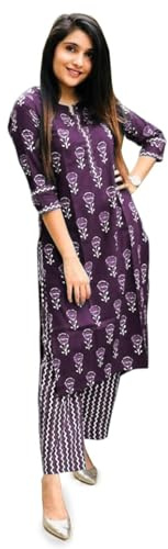 LookMark Conjunto de pantalón Kurta recto de mezcla de algodón estampado para mujer, elegante conjunto étnico para mujeres modernas, perfecto para cualquier ocasión, Vino, L