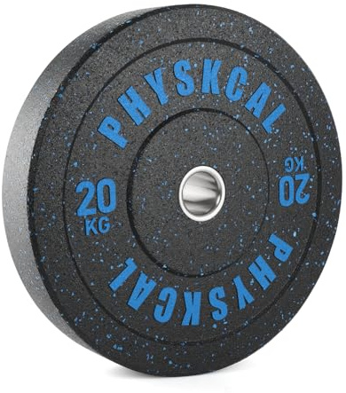 PhysKcal 20kg x 1 Crumb Rubber Olympic Bumper Plates, 2’’ Opening Weight Plates, Black Barbell Discs for Strength Training, Barbell Weights Set