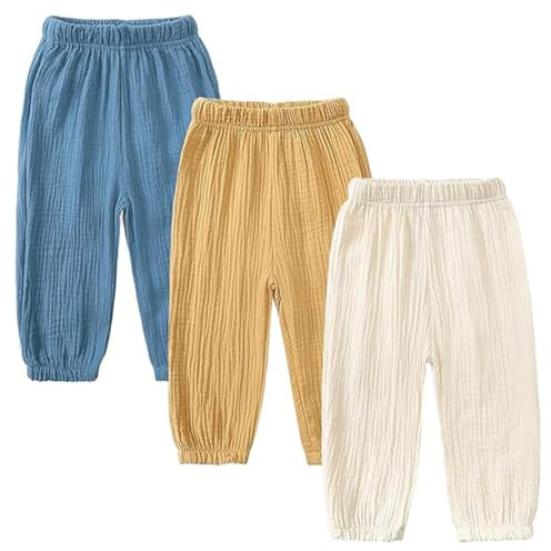 AOOPOO Lot de 3 Pantalon Bloomers Été pour Bébé Pantalon en Coton Lin Pantalon Bouffant à Couleur Unie Pantalons de Survêtement Harem Été Pantalon Long Décontracté Jogging pour Garçon Fille 1-8 Ans