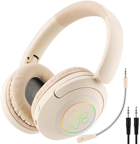 Noetoy Casque Enfant Audio, Casque Bluetooth sans Fil avec Removable Microphone Lumières LED Chat, Pliable, Bandeau Réglable, Casques Bluetooth 5.3 pour Enfants Filles PC/Tablettes/TV/école(Kaki)