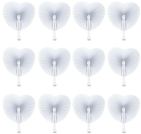 12 Pieces White Paper Fans Heart Shaped Wedding Fans Handheld Folding Hand Fan with Plastic Handle Chinese Handheld Fans for for DIY Craft Summer Wedding Dancing Birthday Bag Fillers Party Favour