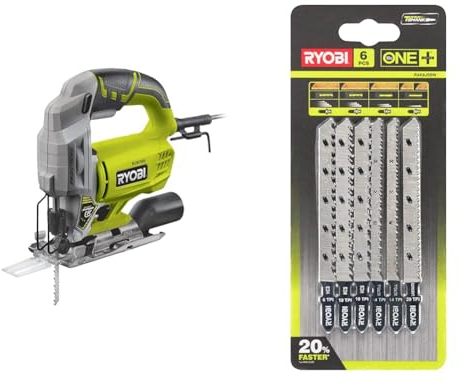 RYOBI - Scie Sauteuse Pendulaire 220V, 500W, 3000cps/min, Inclinaison 0 à 45 ° Droit et Gauche & Lot 6 Lames Bois Optimisées ONE+ pour Scie Sauteuse Sans Fil à Ergot en T