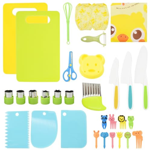 Coriver Kit Couteau Cuisine Enfant, 32 pièces Couteau Montessori Enfants avec Ondulé et Planche à Découper, Plastique Ustensile Cuisine Enfant pour Couper des Fruits ou Légume