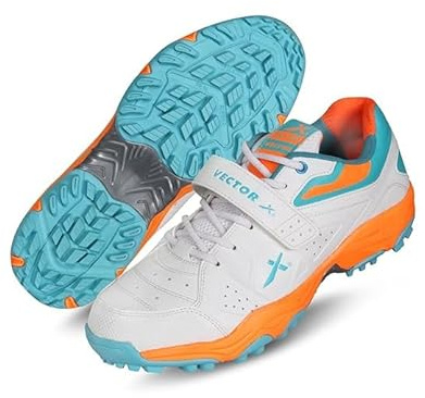 Vector X CKT-200 cricket skor | material: PU | för män och pojkar | Vadderad ankelkrage | Vadderad fotbädd, Vit blå orange, 40 EU