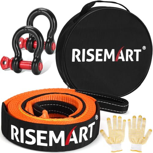 RISEMART Abschleppseil Set 10 Tonnen (22046 Lbs), 5M x 5CM Abschleppseil PKW mit Hohe Festigkeit' Schäkel und 2 Handschuhen für Off-Road Recovery