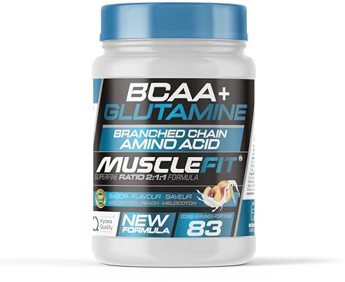Musclefit BCAA + Glutamina Polvo Ratio 2:1:1-500g (83 Dosis), Sabor Melocotón - Aminoácidos Ramificados con L-Glutamina Kyowa - Recuperación Muscular y Rendimiento - Incluye dosifcador
