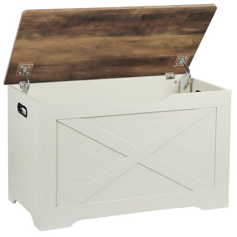 Timberer Storage Chest, Wooden Storage Bench, Entryway Shoes Bench with 2 Safety Hinges, for Living Room, Bedroom, 15.7 x 31.5 x 18.9 Inches, Brown and Rustic White