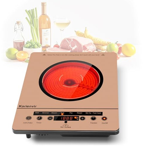 Karienvir Plaque Vitrocéramique 1 Feu Portable Couleur orange, Plaque Electrique Camping, Plaque de Cuisson Electrique 1 Feu with Prise VDE, Sécurité Enfant, Indicateur de Chaleur Résiduelle