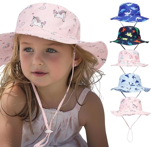 Enfant Chapeau de Soleil, Bob Chapeau, UPF 50+ Anti-UV Solaire Plage Large Bord Chapeaux, Protection Été Voyage Bonnet Casquette avec Mentonnière Réglable et Large Bord pour Filles Garçons 3 a 8 Ans