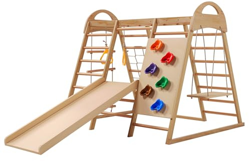 Estructura de escalada de madera para interiores - tobogán infantil, columpio infantil, pared de escalada, red de escalada, escalera de punto, escalera sueca, anillos para columpio, parque infantil