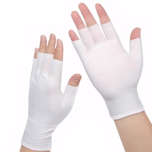 White Fingerless Cotton Gloves for Dry Hands Overnight Moisturizing, Breathable Thin Gloves for Eczema Touchscreen-Friendly for Sleeping Skincare Overnight Spa Treatment Moisturizing (2 Pairs)