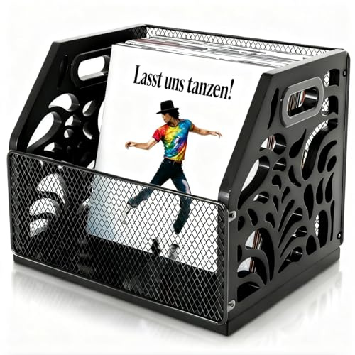 JUJOYBD Support de rangement en vinyle pour disques vinyles et plus de 70 LPs, albums, CD, magazines, livres, journaux, design décoratif, noir