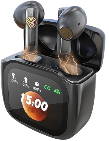 PORTENTUM Cuffie bluetooth 5.4 wireless – Schermo LED touch personalizzabile – Cancellazione del rumore DUAL ENC – 50h – Auricolari controllo touch – Bassi HiFi – Vestibilità comoda – USB-C