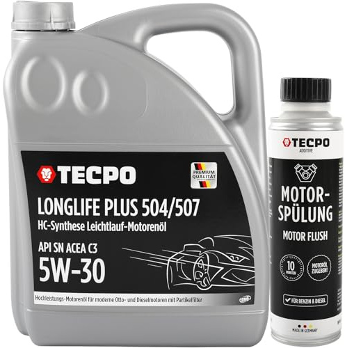 TECPO Motoröl 5 Liter 5W-30 LONGLIFE Plus HC Synthese ACEA C3 API SN mit Motorspülung Motor Flush
