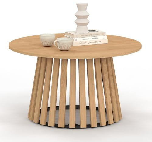 IDMarket - Tavolino rotondo CARMEN 70 cm con gambe a doghe in legno e piano in legno