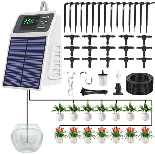Riego por goteo solar, riego automatico macetas, ideal para balcón, plantas en huerto y bancales elevados, alto caudal de 630 ml/min, 15 goteros, manguera de goteo de 10 m, batería de 2200 mAh