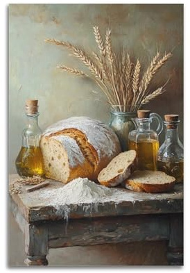 Stampa artistica da parete rustica con pane e farina, stampa su tela con steli di grano e barattoli di vetro, decorazione per cucina, sala da pranzo, casa colonica, 30 x 45 cm
