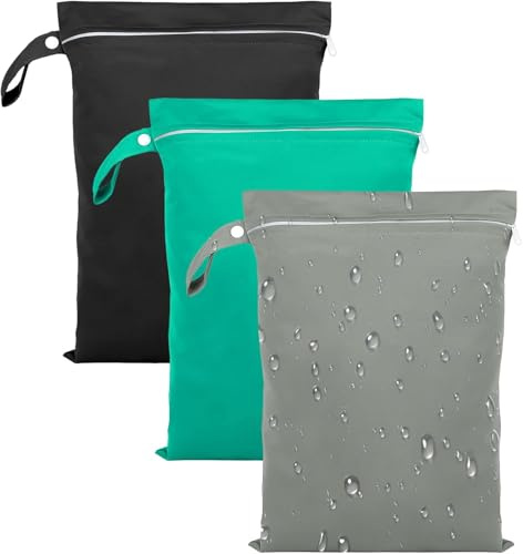 GOEDEKE 3 PCS Wet Bags, Reusable Cloth Diaper Bags with Handle and Zipper, 40 x 30 cm Wet Bags for Swimming Travel, Washable Wet Dry Bag for Travel, Beach, Camping, Swimming, Gym (Grey, Green, Black)