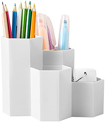 Portapenne Esagonale Creativo Multifunzione in Plastica Bianco - Scatola Portaoggetti da Scrivania, Organizer per Pennelli