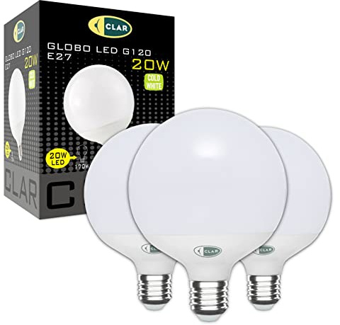 CLAR - Ampoule Globe E27 LED, Grosse Ampoule E27, Ampoule Ronde, Ampoule Decorative, 6000ºK 20W (Pack 3)