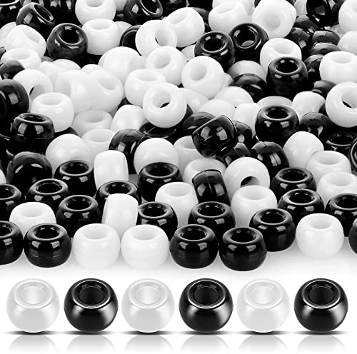 Prasacco 1000 Stück schwarze und weiße Haarperlen für Zöpfe – 6 x 9 mm undurchsichtige Kunststoffperlen für Kinder, Fass-Pony-Perlen für Bastelarbeiten, Armbänder, Schmuckherstellung