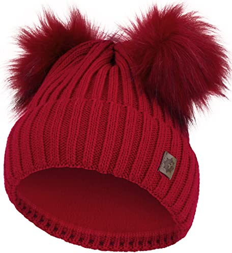 Compagno Kindermütze Bommelmütze Wintermütze Beanie Strickmütze Mädchen Grobstrick 91, Farbe:Rot