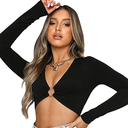 KOEMCY Manche Longue Femmes Chemisier Sexy Crop Top Col V Haut Court Slim Fit Blouse Couleur Unie Long T-Shirt Casual Haut Vêtements (Noir,S)