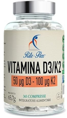 Rite-Flex, Vitamina D3 K2 365 Compresse (fornitura per 1 anno), 2000 UI + 100 µg, Supporta Ossa, Denti, Muscoli, Articolazioni & Sistema Immunitario