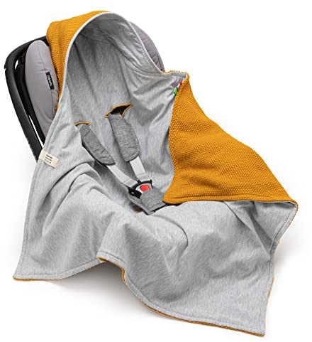 Mikos® Baby Einschlagdecke GOTS zert. 100% Bio Baumwolle Strickdecke Baumwolldecke für Autositz Für Kinderwagen Buggys z.B. Maxi Cosi Rosa Beige 3 Punkt Gurt (45) (Senfgelb)