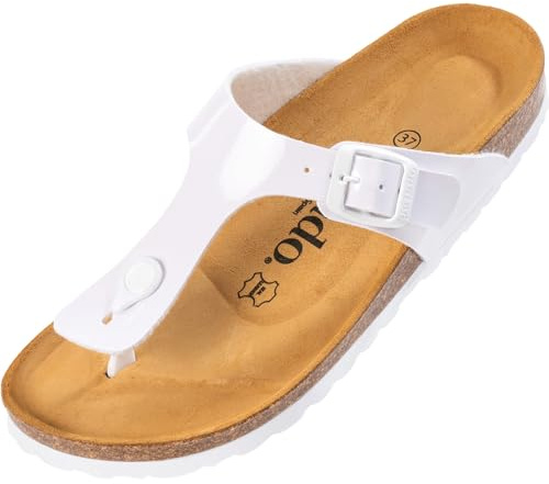 Palado Zehentrenner Damen Kos Lack – gefertigt in Spanien – glänzende Lack-Optik – weiches Veloursleder-Fußbett – dein idealer Sommerbegleiter Weiß/Weiß UK9 - EU42