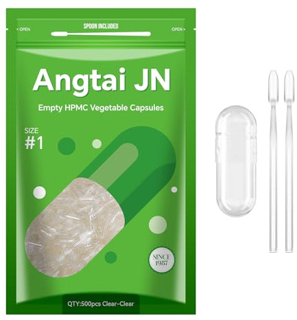 Angtai JN Gélules Vides Végétales à Remplir Taille 1 (500 unités) Capsule Vide avec Micro Cuillère,Certifié Casher,Halal,Empty Capsules Compatible avec la Machine de Remplissage de Capsule 1