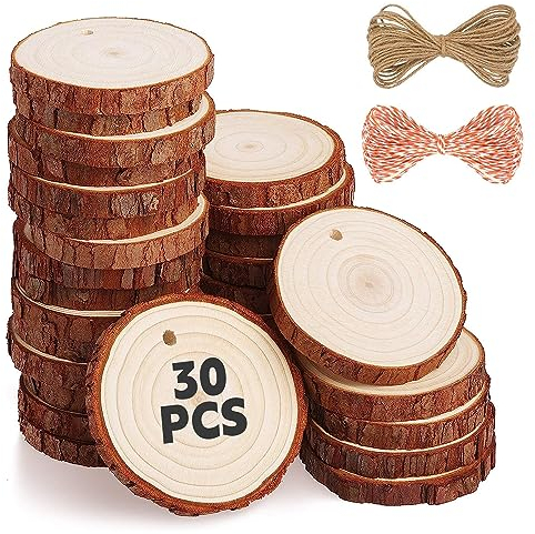 RUNMKUO Rodajas de Madera Natural 30 pcs 6-7 cm Discos de Madera Rebanada 20m Cuerda de Cáñamo Maderas Naturales Perforado Con Corteza de Árbol Para Manualidades