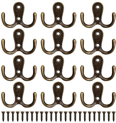 12 Pcs Heavy Duty Metal Hooks With 24 Screws for Door & Wall - Vintage Double Coat Hooks for Hanging Robe, Towel, Hat, Bag - Bedroom Bathroom Wall Hooks, Bronze