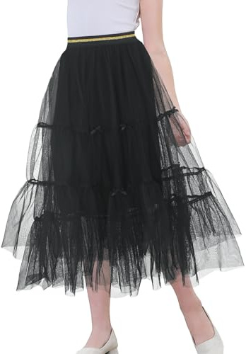 FEOYA Fille Jupe Enfant Robe Princesse en Maille Tulle Robe Demi Jupe A Word Jupes Tutu Filles en Bas Age Ballet Danse Jupe Fête Anniversaire Jupon Noir 140