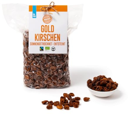 PAKKA - Cerises dorées bio commerce équitable, 500g, séchées au soleil, cerises jaunes sauvages, non huilées, non sucrées, directement des petits producteurs de Samarkand, Ouzbékistan, 500g