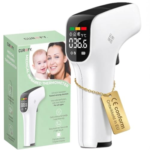 Curify Kontaktloses Fiebermesser für Stirn & Ohr - Digitales Fieberthermometer & Thermometer mit LED-Anzeige, Fieberwarnung & Speicher - Baby & Kinderthermometer