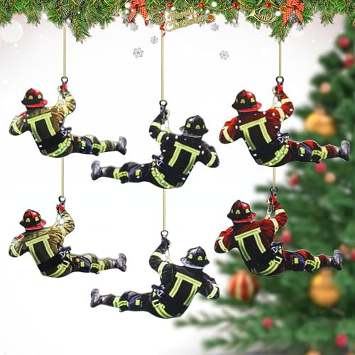 6 Stück Feuerwehrmann Weihnachtsbaumschmuck Anhänger Acryl Weihnachtsanhänger 2D Tannenbaumschmuck Weihnachtsschmuck Weihnachtsbaum Ornament Für Wandfenster, Bäume, Auto-Rückspiegelzubehör