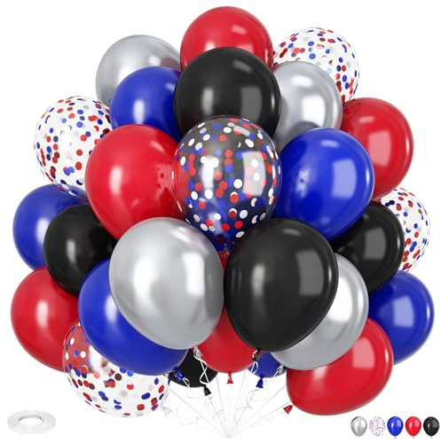 Red Blue Black Balloons, 12 Inch Red Black and Royal Blue Balloons, Metallic Silver and Blue Red Balloon Confetti Latex Balloon for Baby Boys Cartoon Theme Birthday Party Decorations